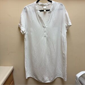 H & M Short Sleeve Linen Blend V-Neck Mini Shirt Dress Tunic Shift Womens Medium